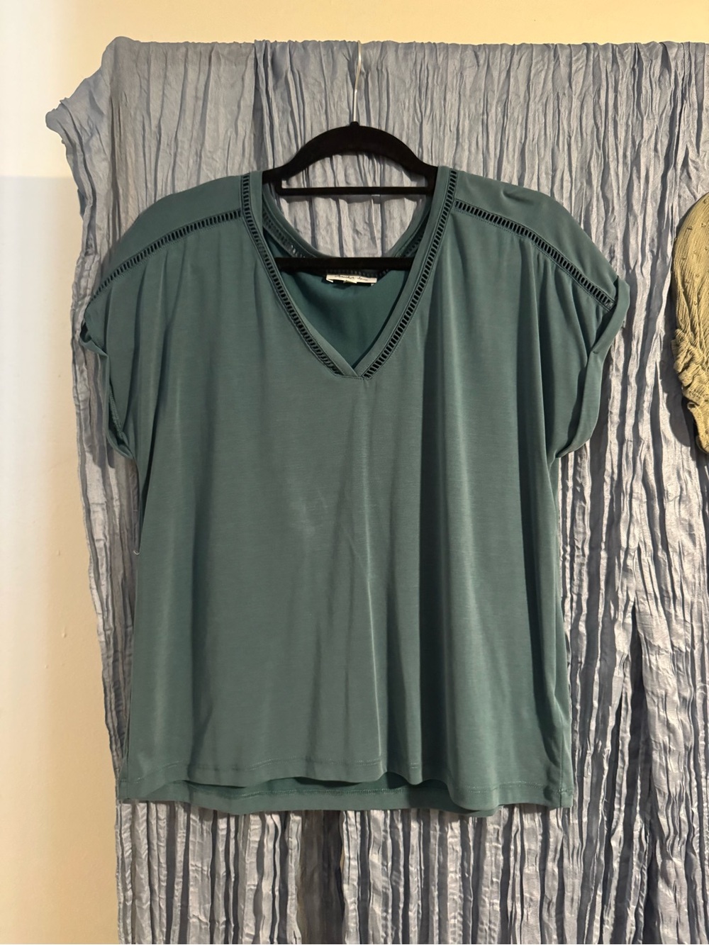 Another Love Green/Teal V-Neck Short Sleeve Top with Lace Trim